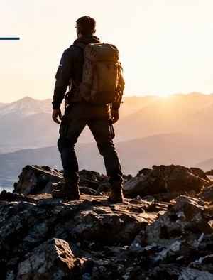 A hiker on a rocky summit looking out over mountains and a lake at sunset